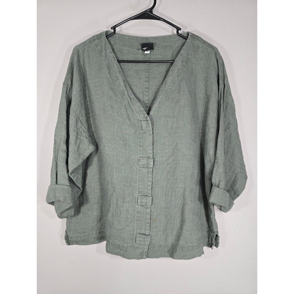 Eileen Fisher Linen Button Front Jacket Shaket Green Sz Small Boho Minimalist BX